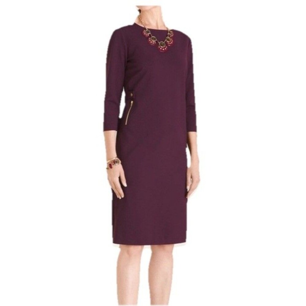 Chico's Dress small Deep Purple 3/4 Sleeves Stretch Ponte Knit Zip Pocket